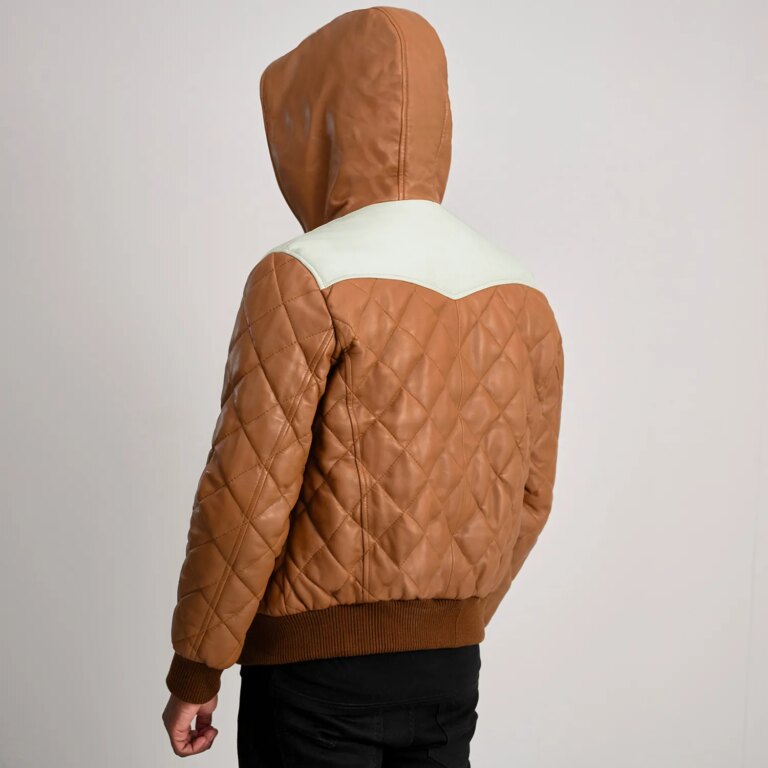 Mens Norman Tan Hooded Bomber Leather Puffer Jacket Tilted Back-8-1733739041861